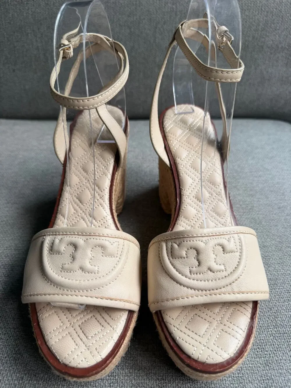 Tory Burch Fleming Nappa Leather Platform Espadrille Wedge Sandals Cream Sz 8.5